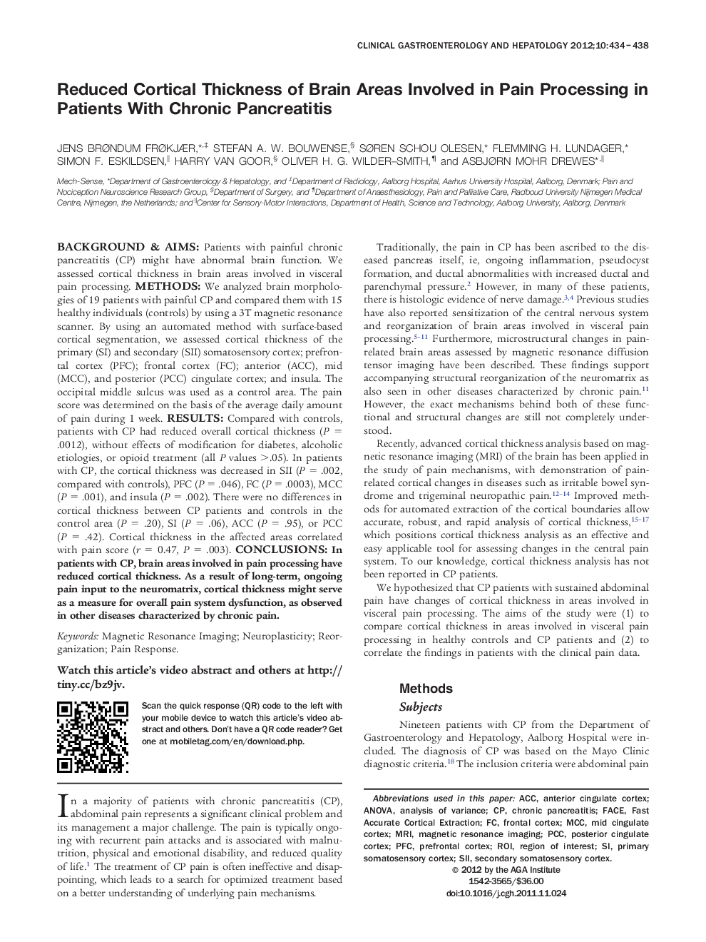 Reduced Cortical Thickness of Brain Areas Involved in Pain Processing in Patients With Chronic Pancreatitis