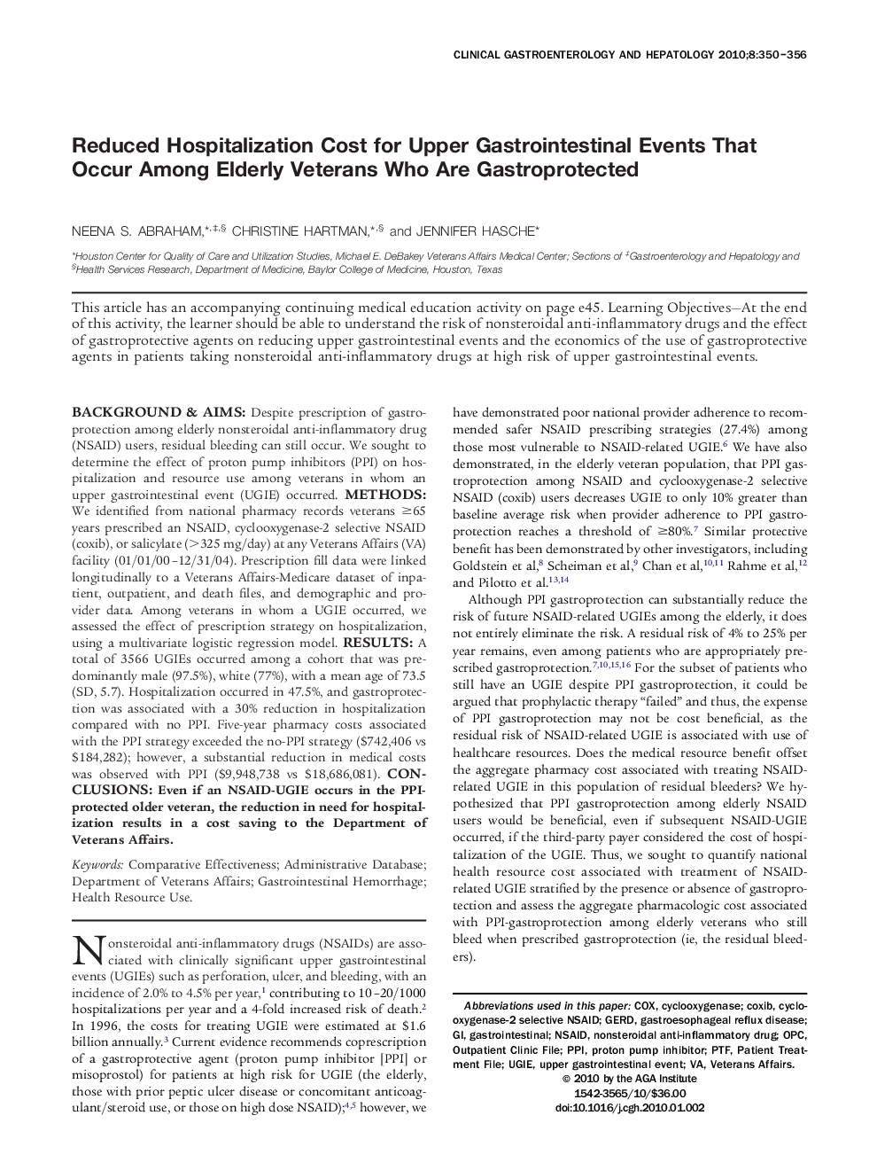 Reduced Hospitalization Cost for Upper Gastrointestinal Events That Occur Among Elderly Veterans Who Are Gastroprotected