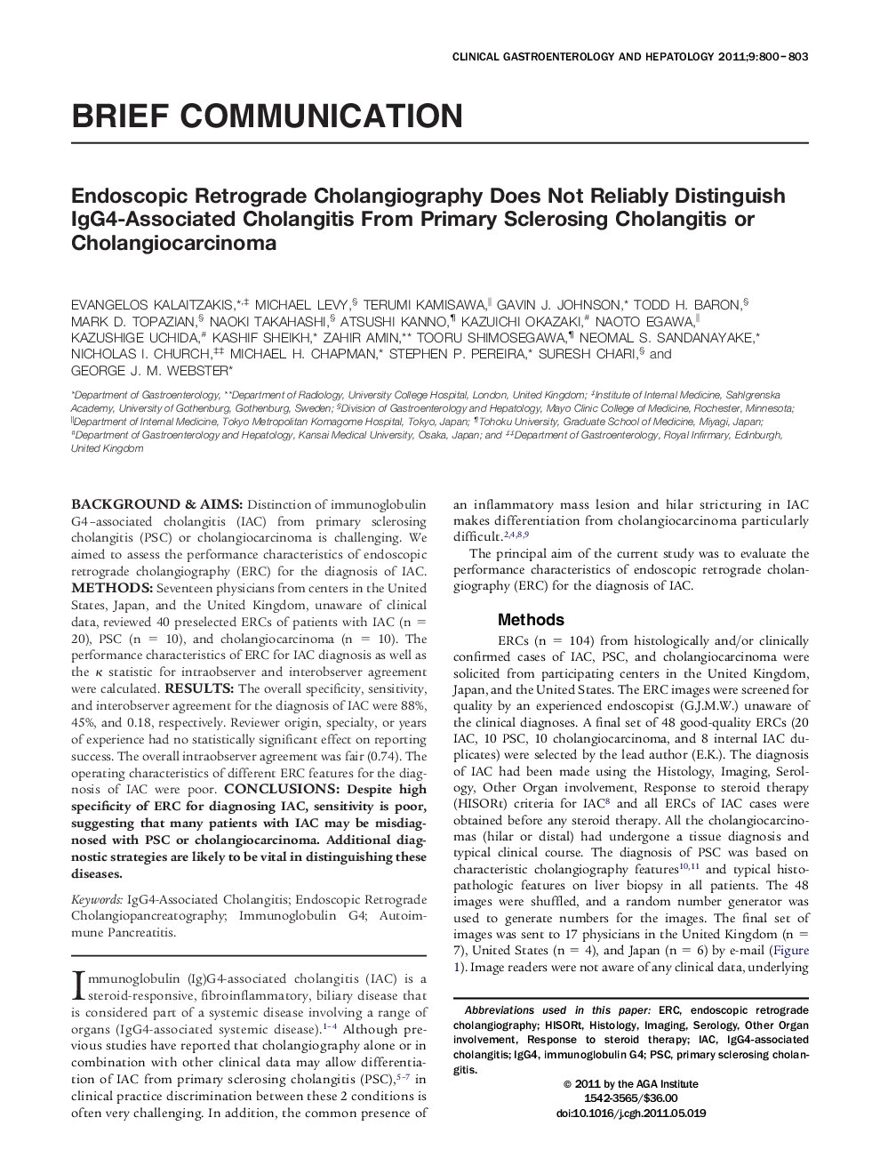 Endoscopic Retrograde Cholangiography Does Not Reliably Distinguish IgG4-Associated Cholangitis From Primary Sclerosing Cholangitis or Cholangiocarcinoma