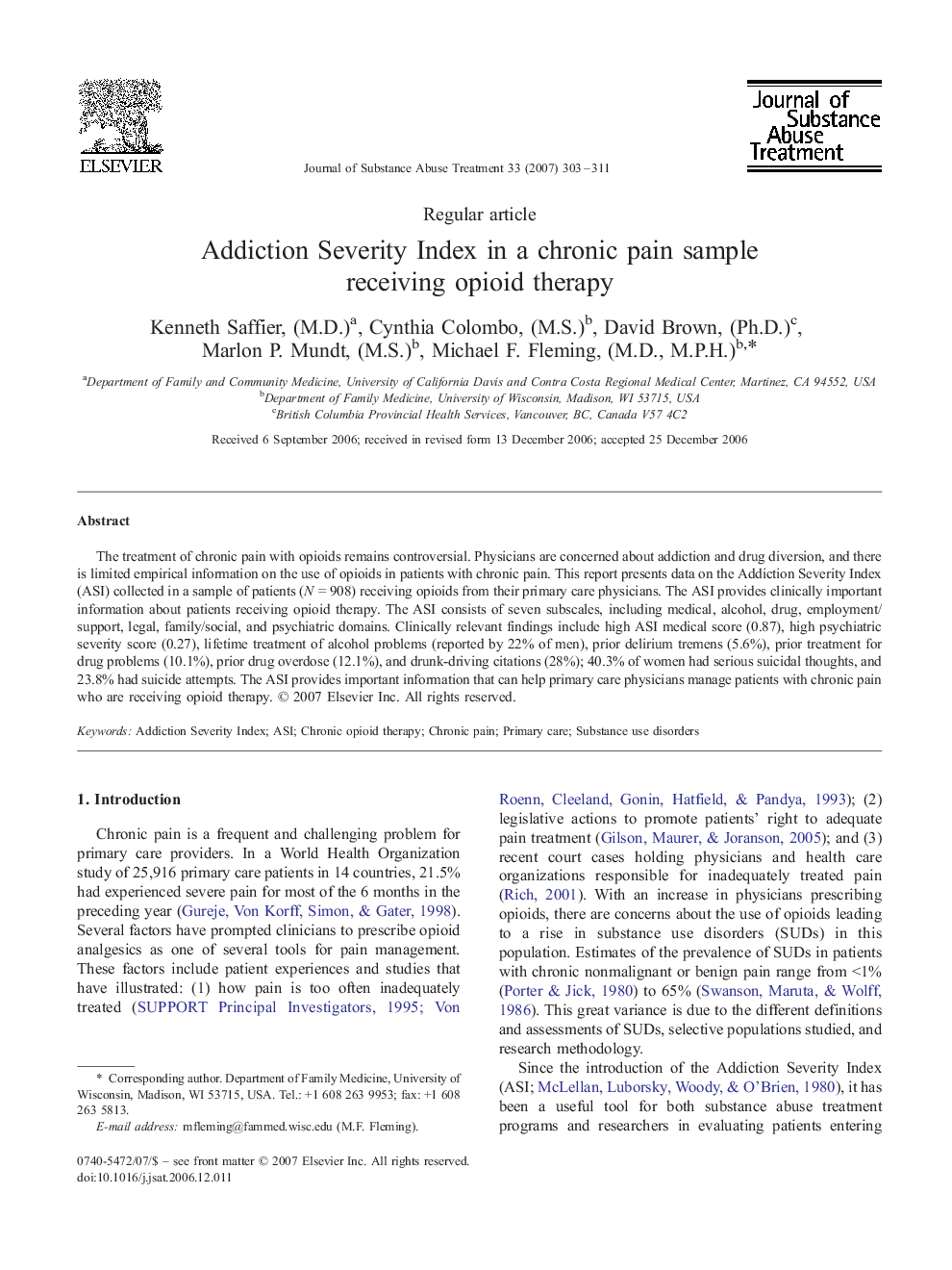 Addiction Severity Index in a chronic pain sample receiving opioid therapy