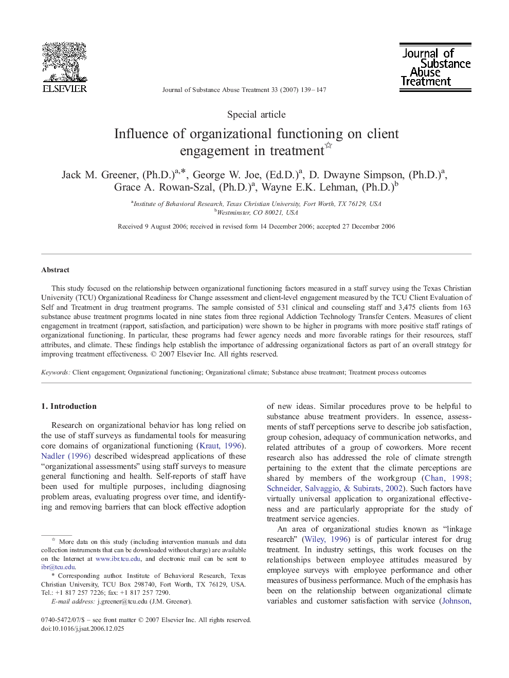 Influence of organizational functioning on client engagement in treatment 