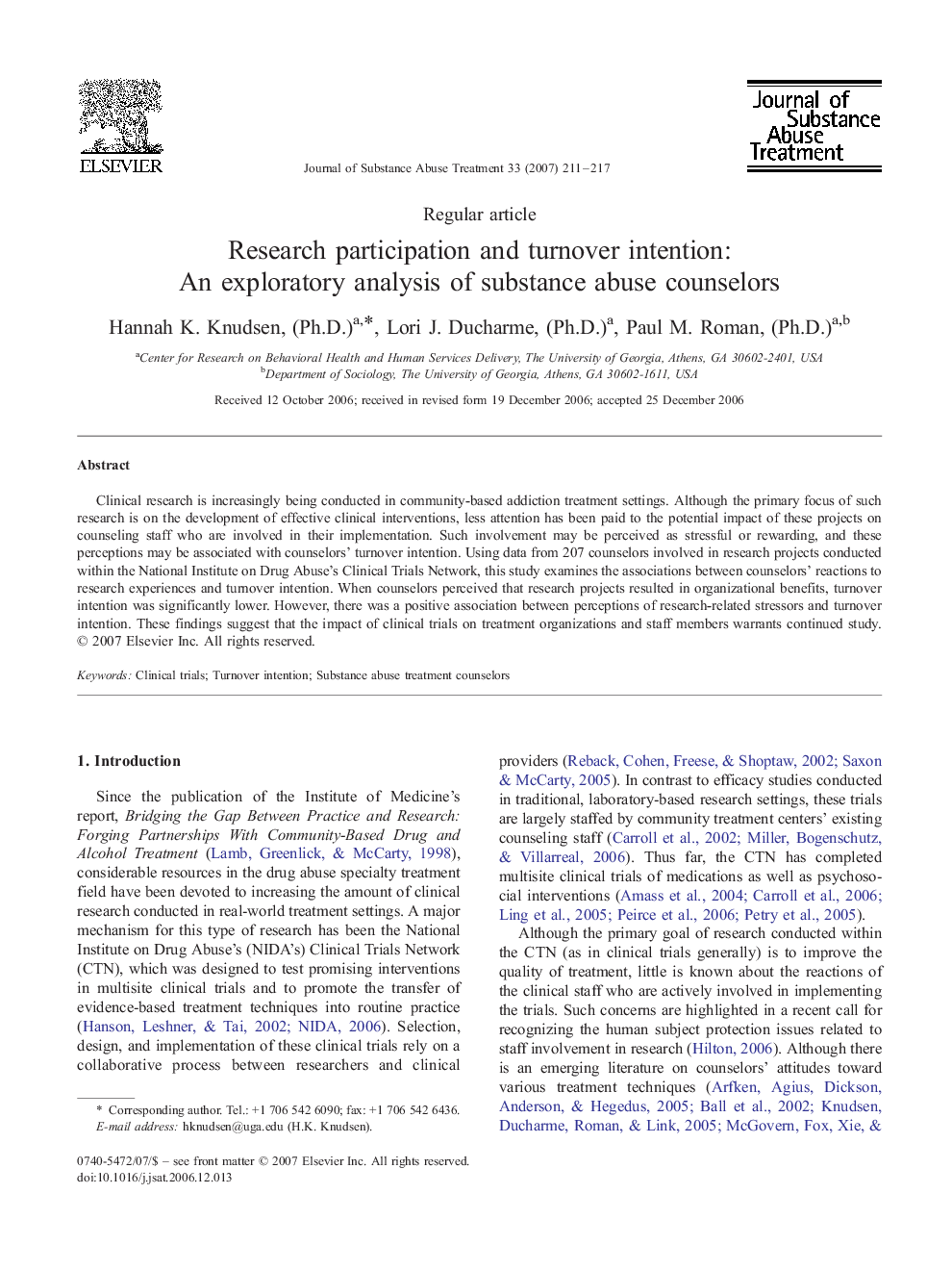 Research participation and turnover intention: An exploratory analysis of substance abuse counselors