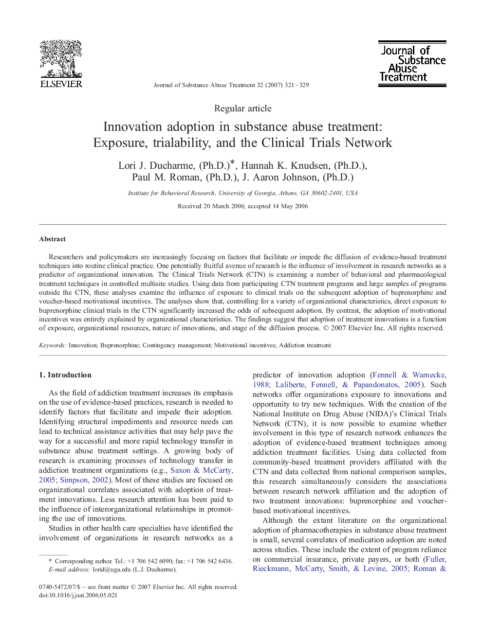 Innovation adoption in substance abuse treatment: Exposure, trialability, and the Clinical Trials Network