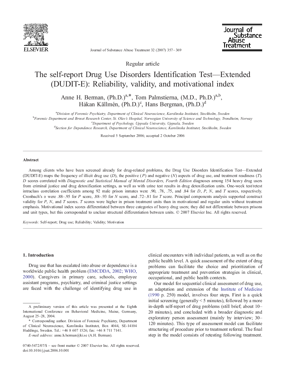 The self-report Drug Use Disorders Identification Test—Extended (DUDIT-E): Reliability, validity, and motivational index