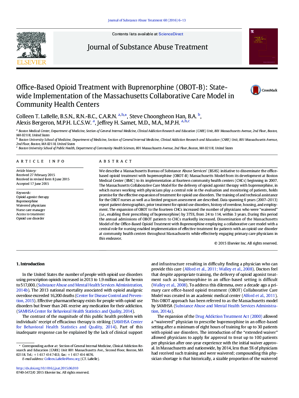 Office-Based Opioid Treatment with Buprenorphine (OBOT-B): Statewide Implementation of the Massachusetts Collaborative Care Model in Community Health Centers