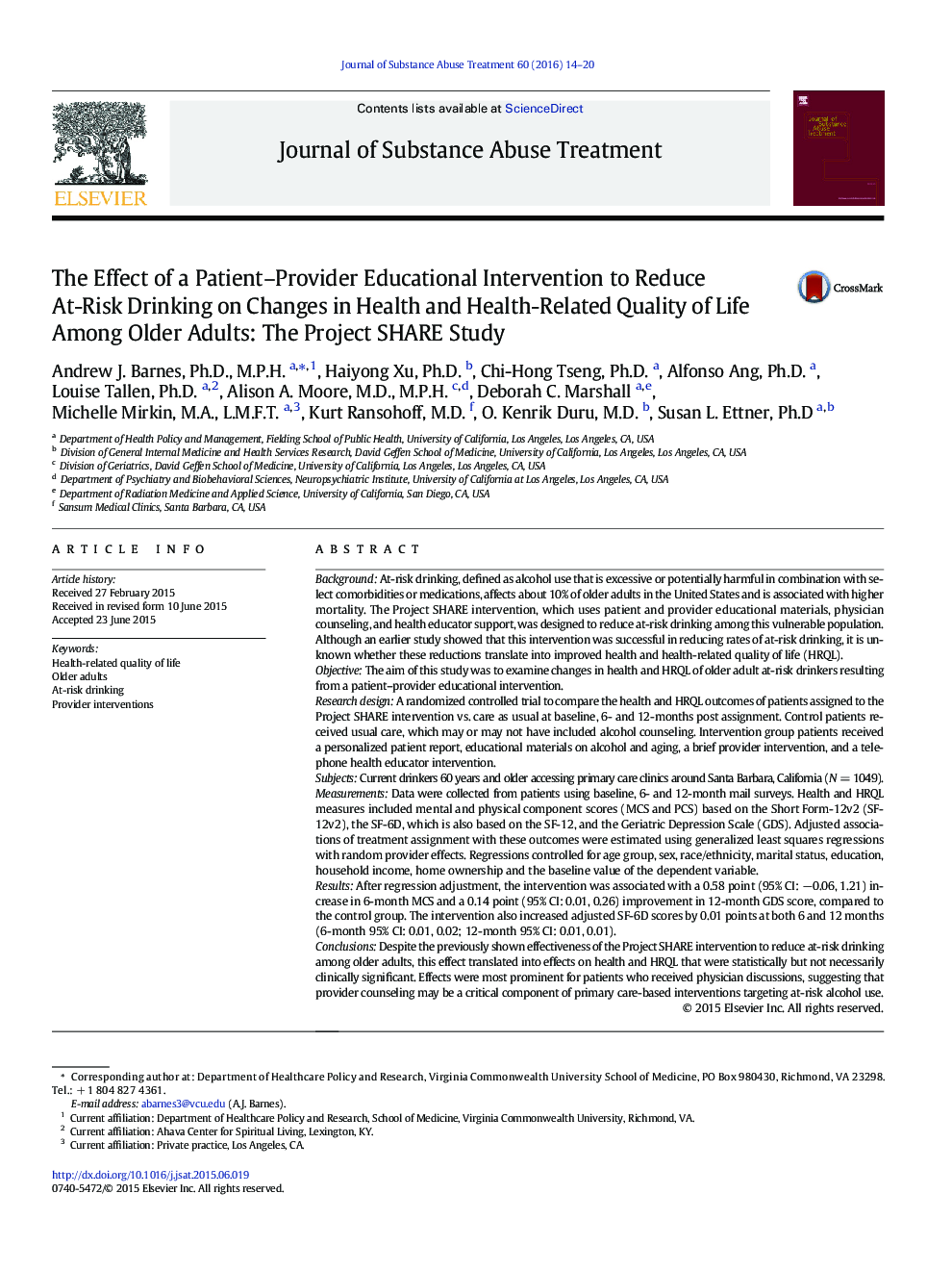 The Effect of a Patient–Provider Educational Intervention to Reduce At-Risk Drinking on Changes in Health and Health-Related Quality of Life Among Older Adults: The Project SHARE Study