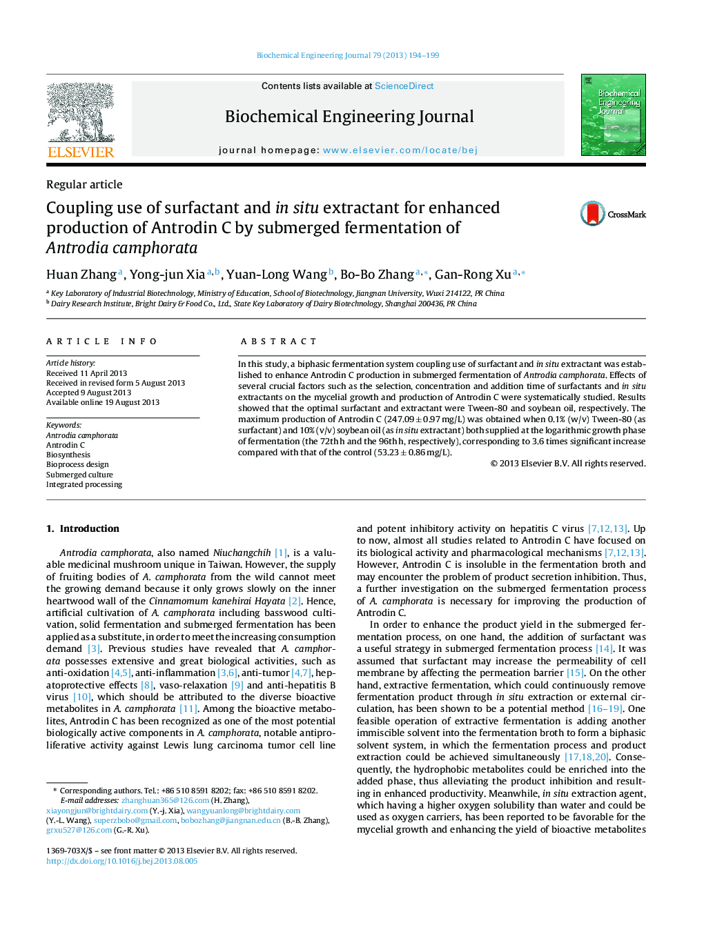 Coupling use of surfactant and in situ extractant for enhanced production of Antrodin C by submerged fermentation of Antrodia camphorata