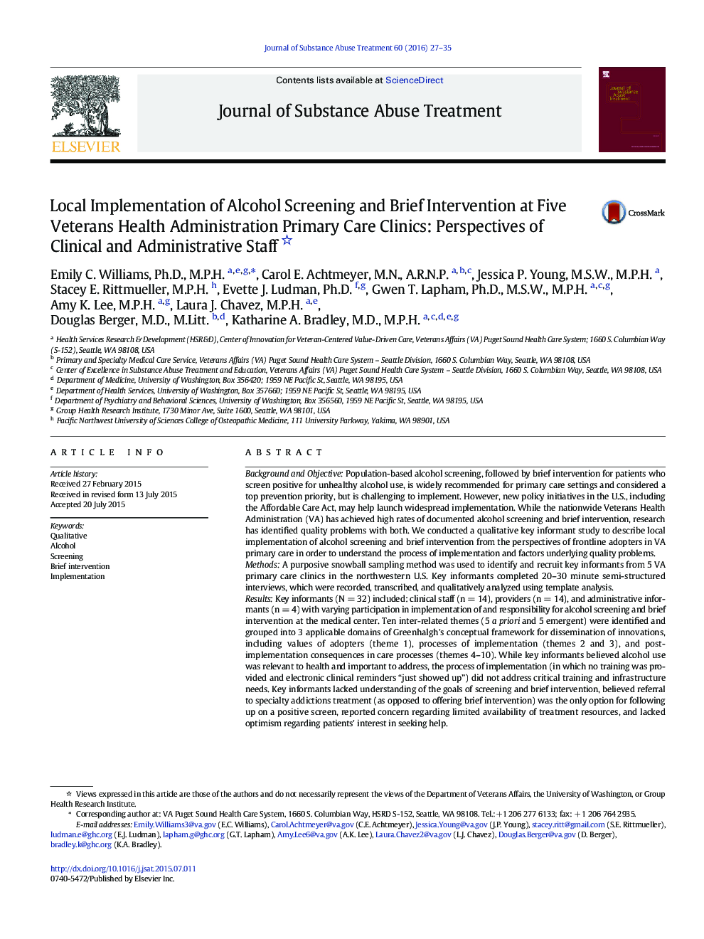 Local Implementation of Alcohol Screening and Brief Intervention at Five Veterans Health Administration Primary Care Clinics: Perspectives of Clinical and Administrative Staff 