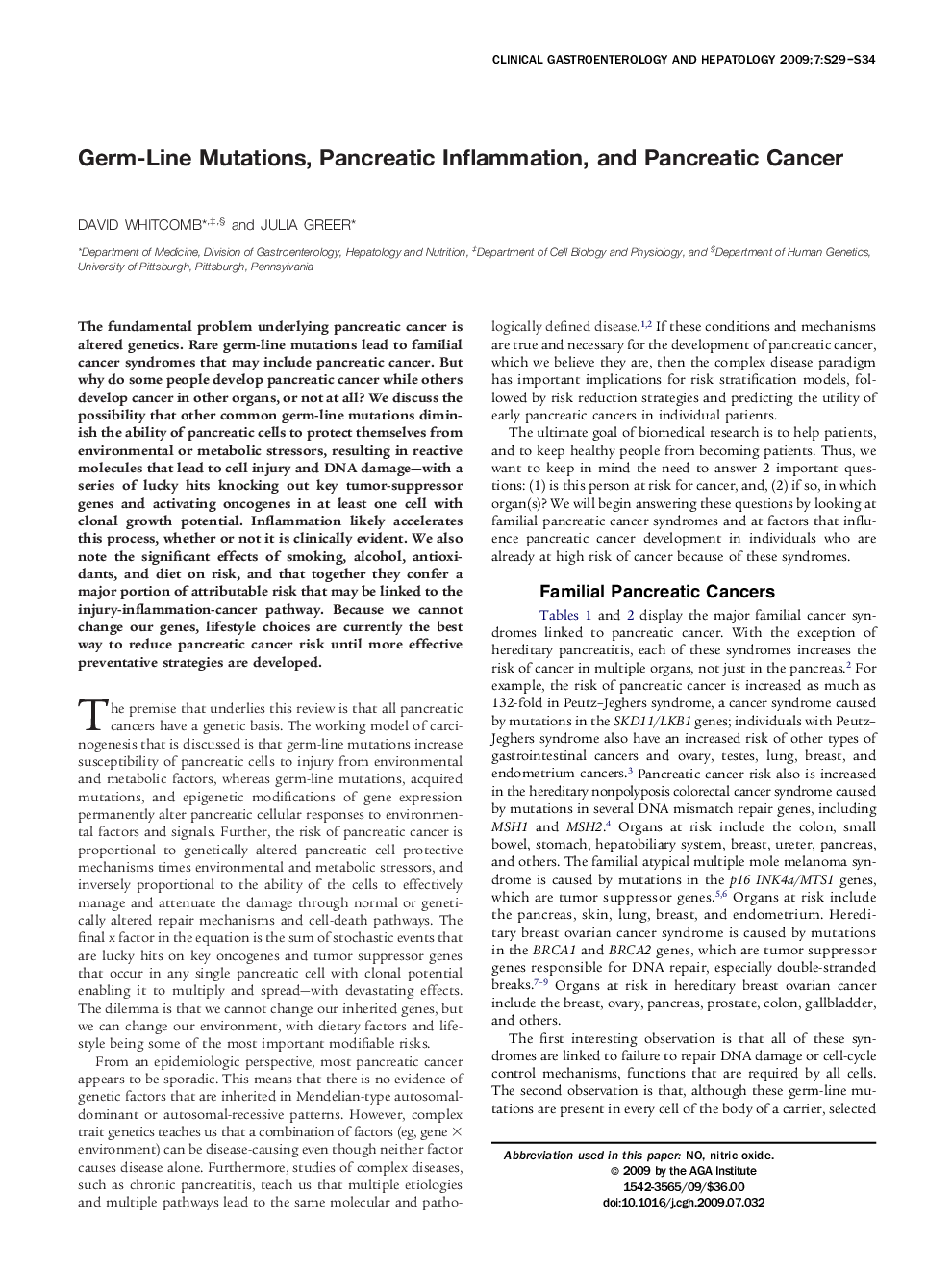 Germ-Line Mutations, Pancreatic Inflammation, and Pancreatic Cancer