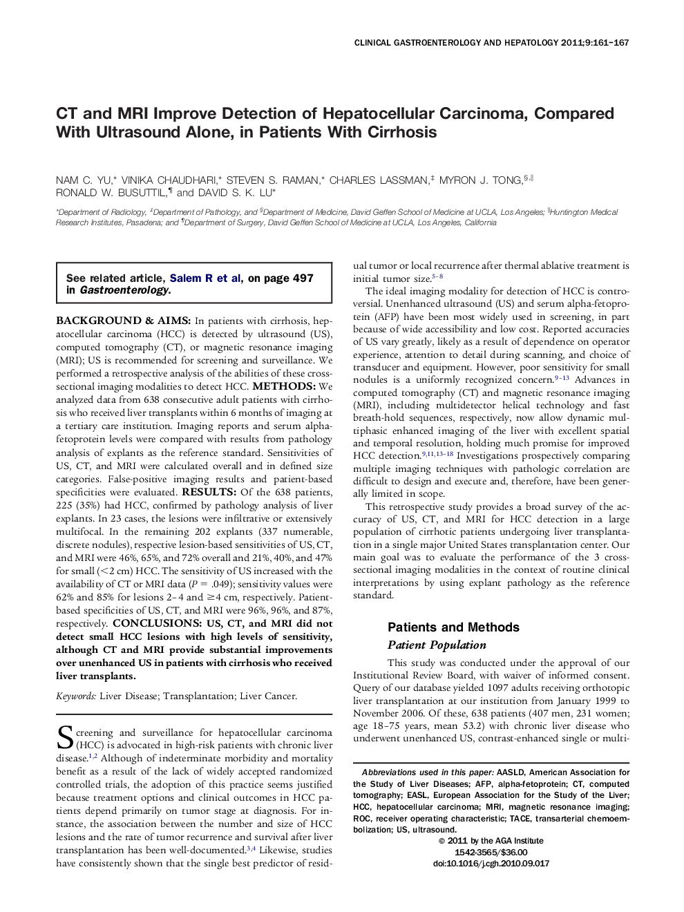 CT and MRI Improve Detection of Hepatocellular Carcinoma, Compared With Ultrasound Alone, in Patients With Cirrhosis