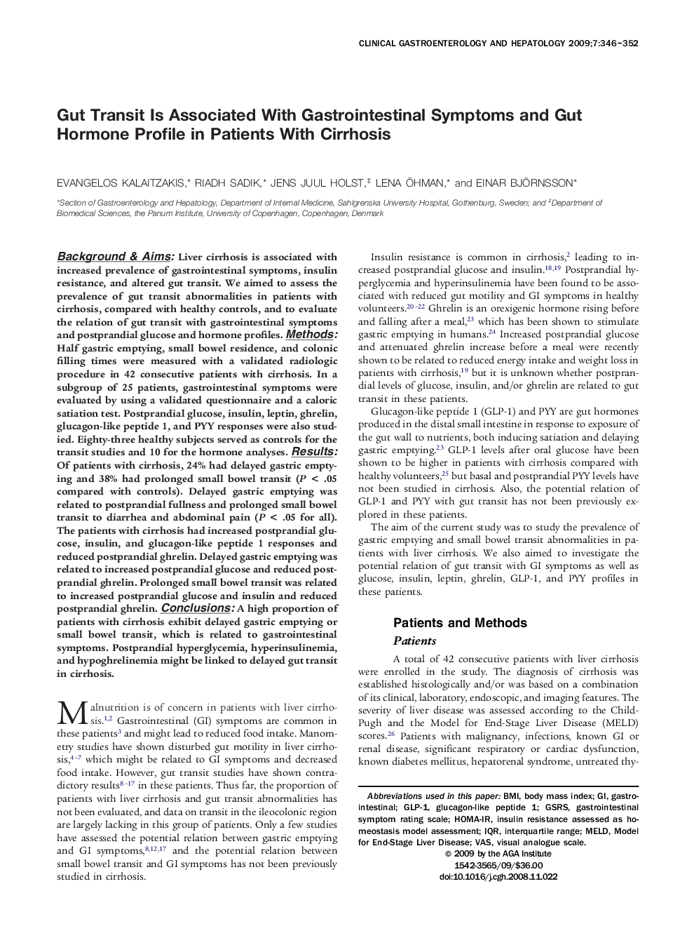 Gut Transit Is Associated With Gastrointestinal Symptoms and Gut Hormone Profile in Patients With Cirrhosis