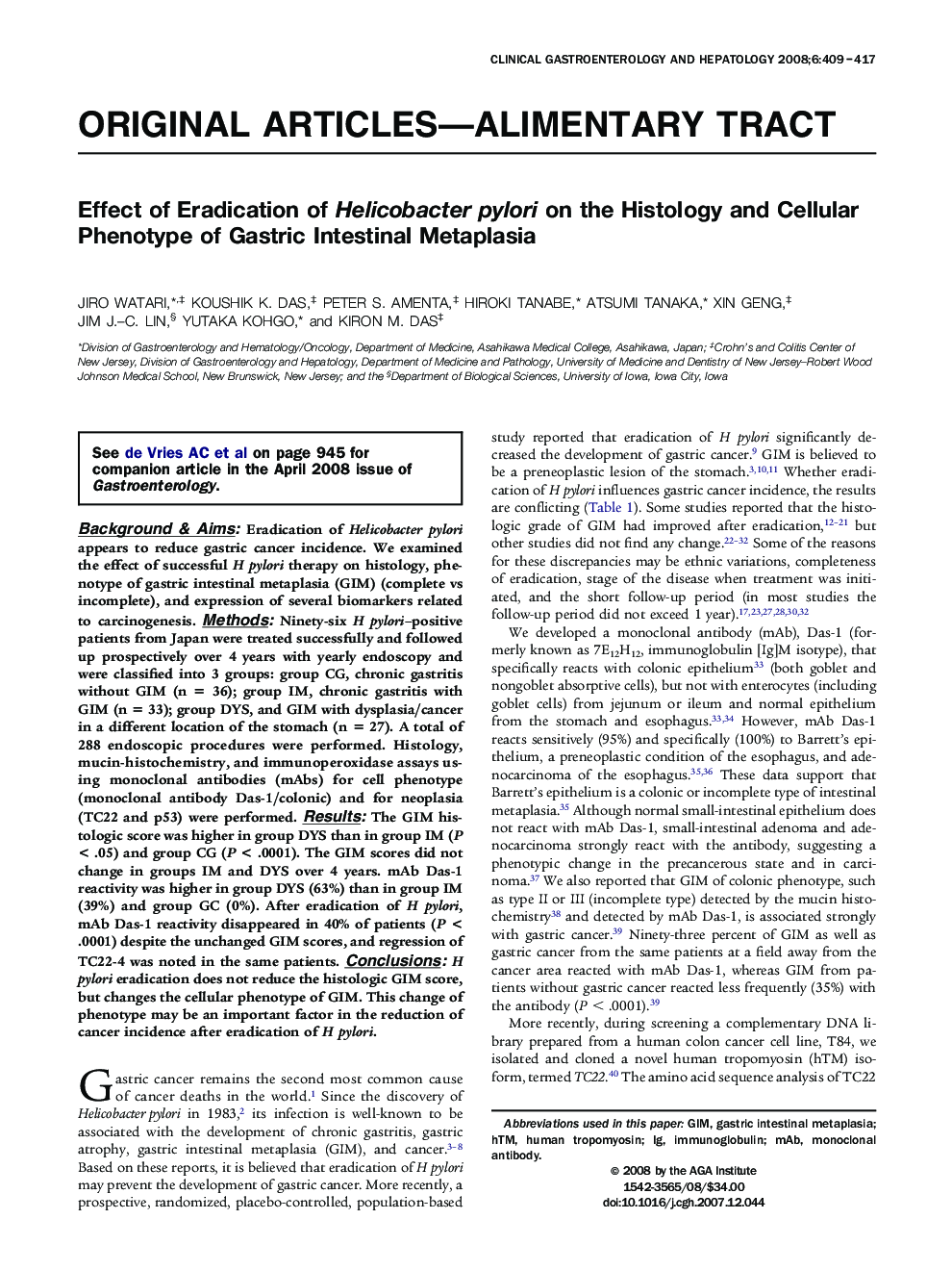 Effect of Eradication of Helicobacter pylori on the Histology and Cellular Phenotype of Gastric Intestinal Metaplasia