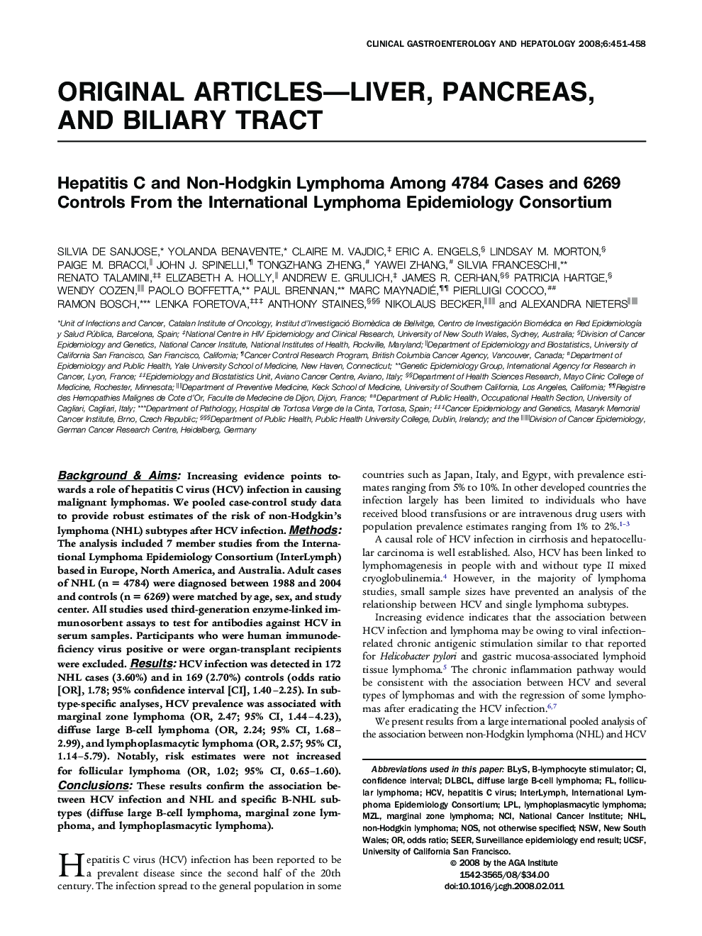 Hepatitis C and Non-Hodgkin Lymphoma Among 4784 Cases and 6269 Controls From the International Lymphoma Epidemiology Consortium