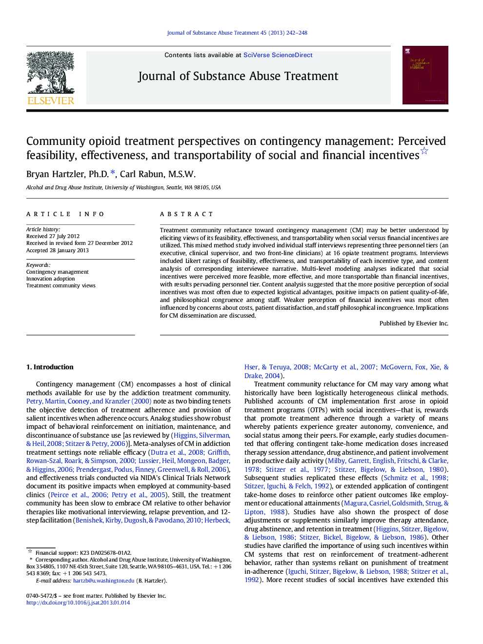 Community opioid treatment perspectives on contingency management: Perceived feasibility, effectiveness, and transportability of social and financial incentives 