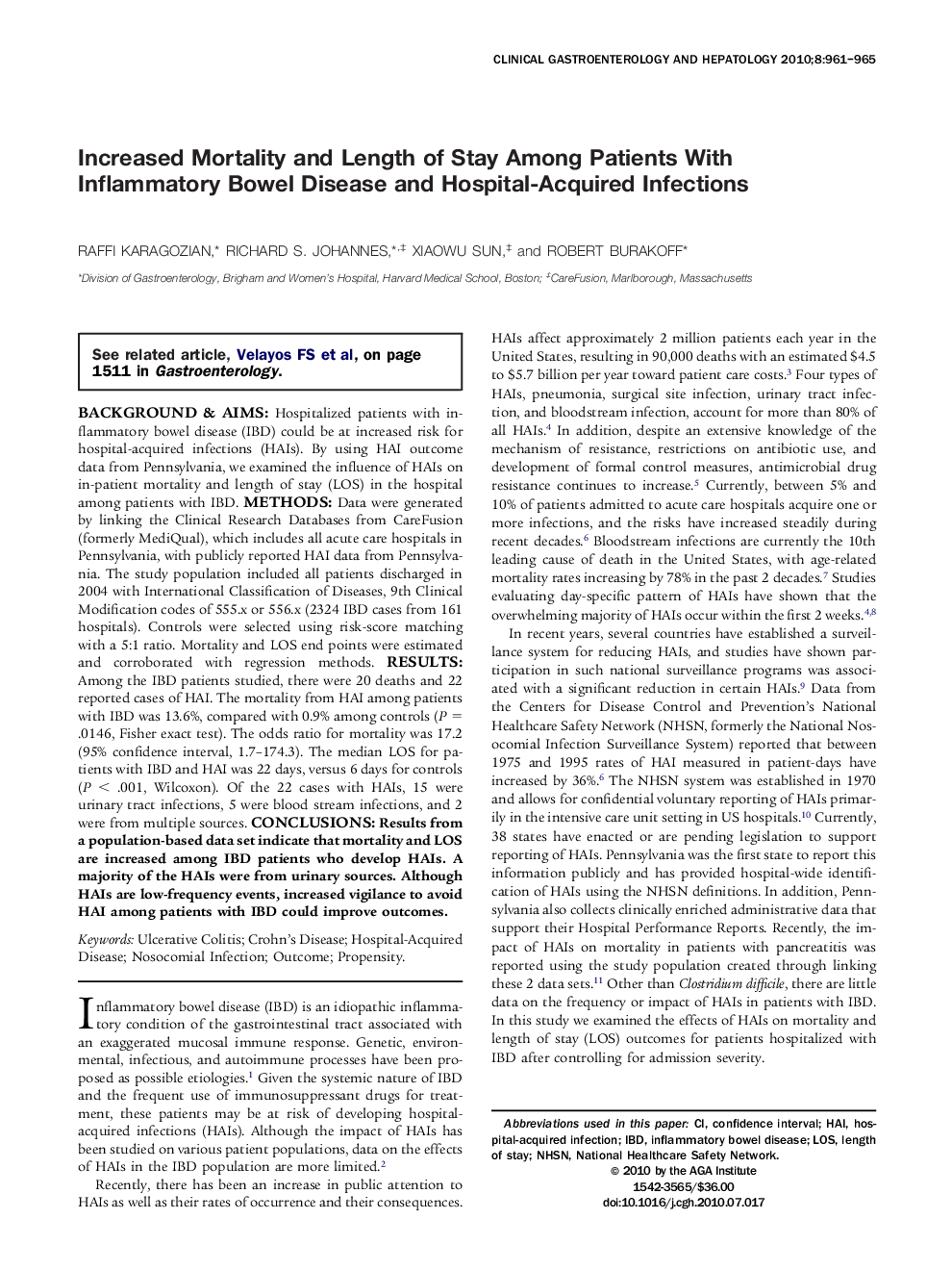 Increased Mortality and Length of Stay Among Patients With Inflammatory Bowel Disease and Hospital-Acquired Infections