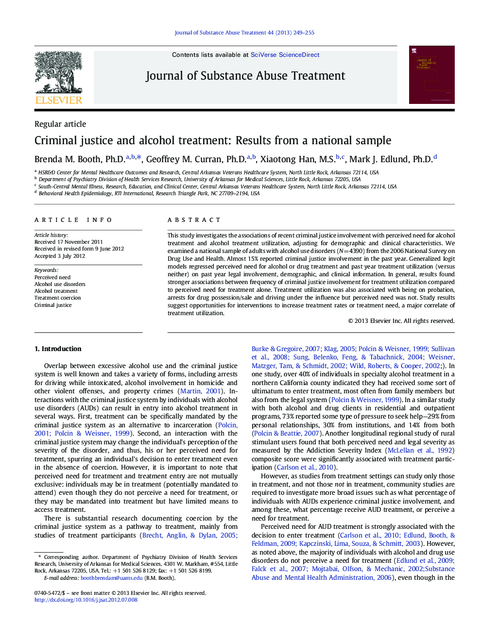 Criminal justice and alcohol treatment: Results from a national sample