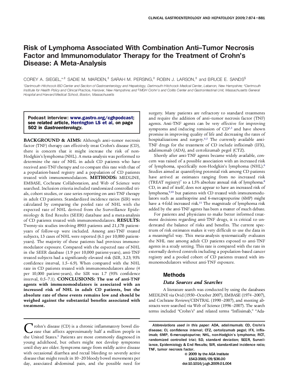 Risk of Lymphoma Associated With Combination Anti-Tumor Necrosis Factor and Immunomodulator Therapy for the Treatment of Crohn's Disease: A Meta-Analysis