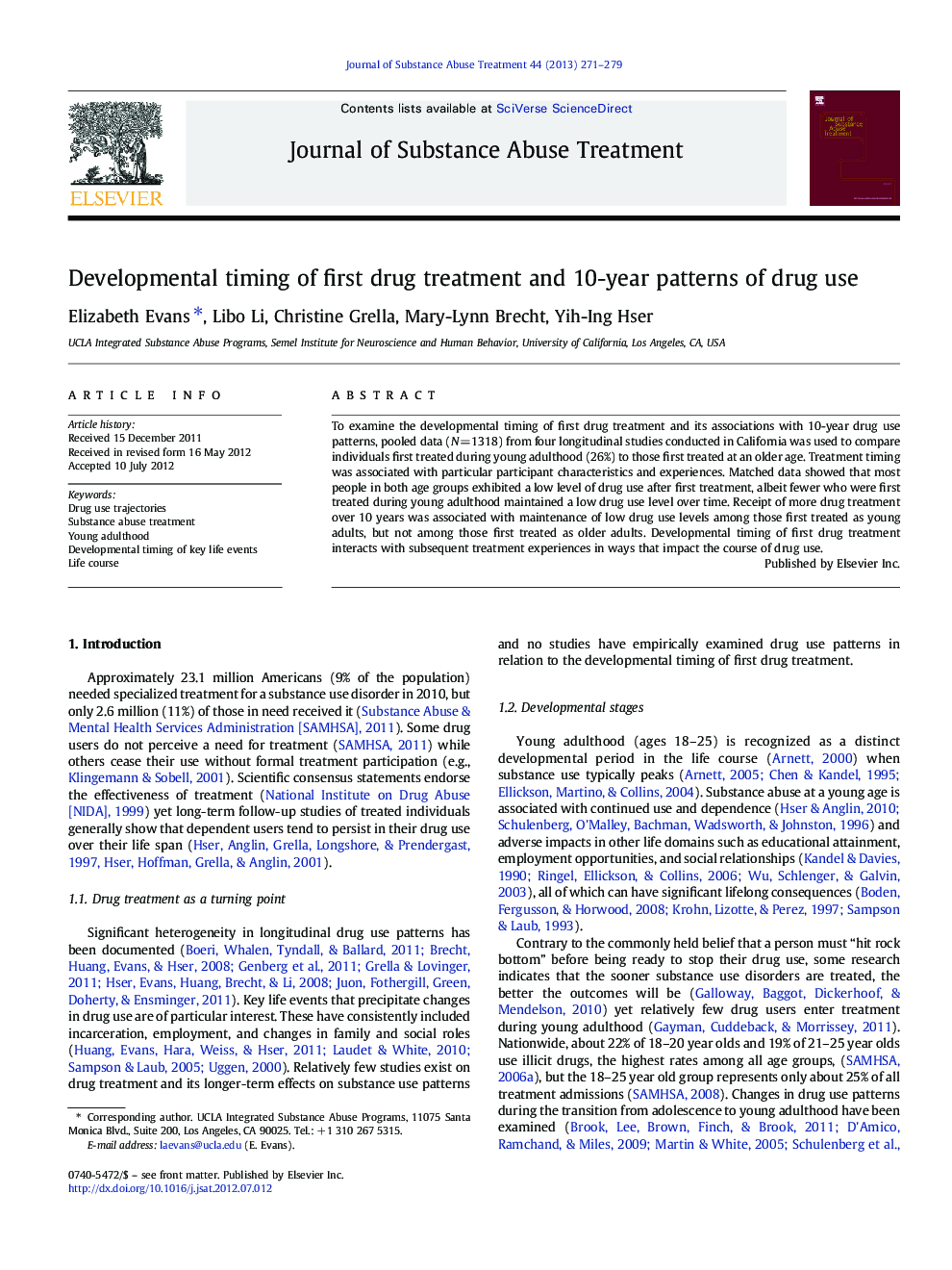 Developmental timing of first drug treatment and 10-year patterns of drug use