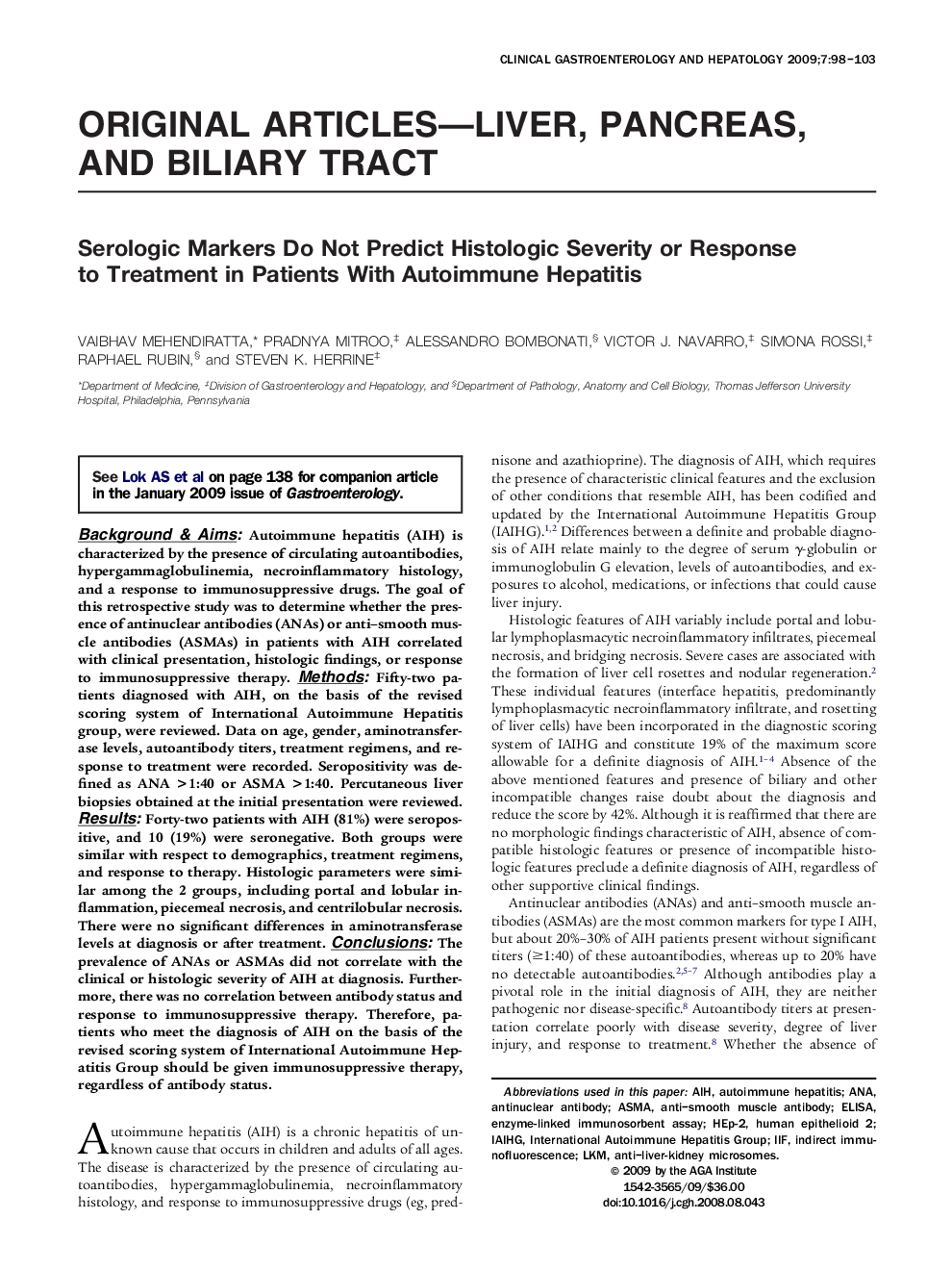 Serologic Markers Do Not Predict Histologic Severity or Response to Treatment in Patients With Autoimmune Hepatitis 