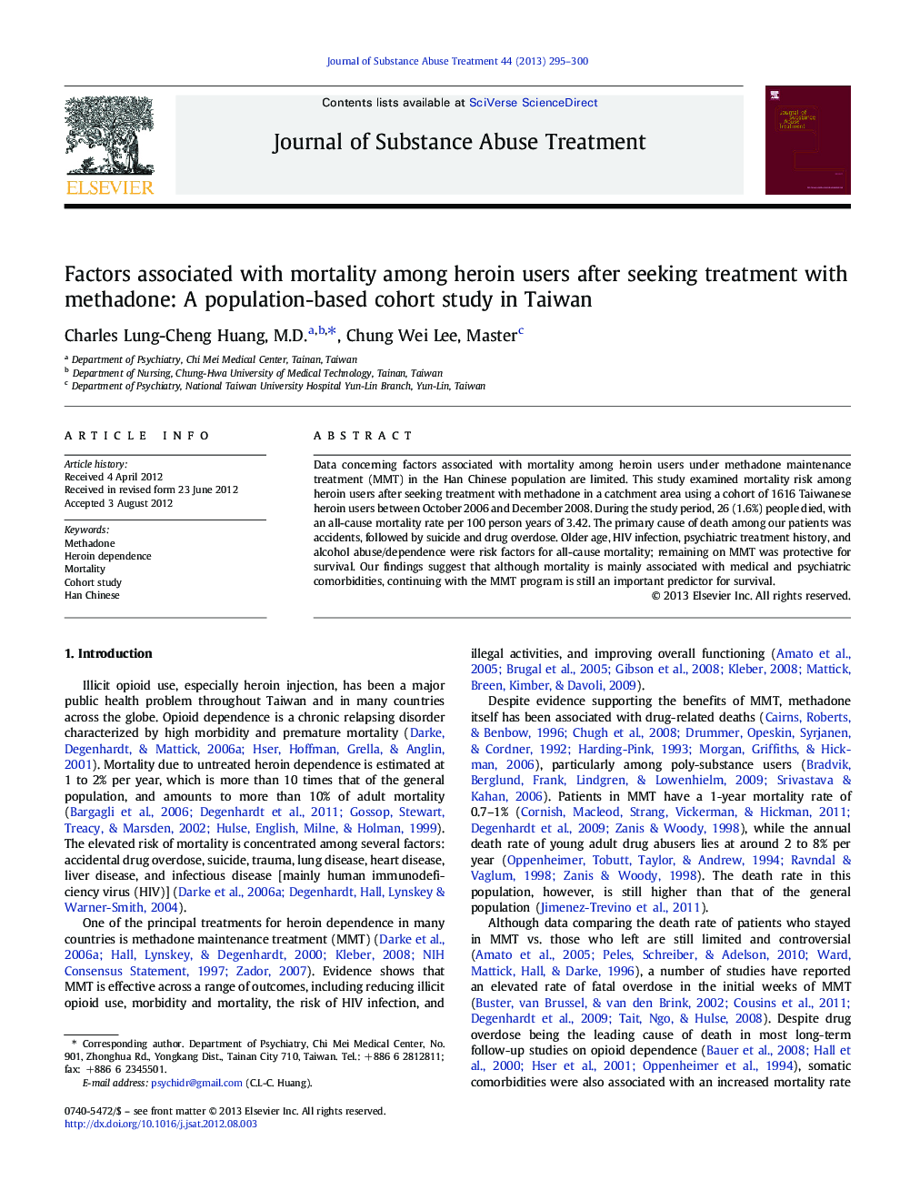 Factors associated with mortality among heroin users after seeking treatment with methadone: A population-based cohort study in Taiwan