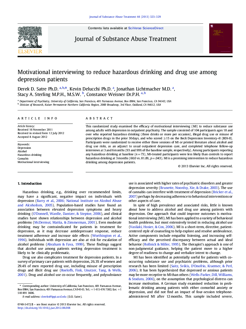 Motivational interviewing to reduce hazardous drinking and drug use among depression patients