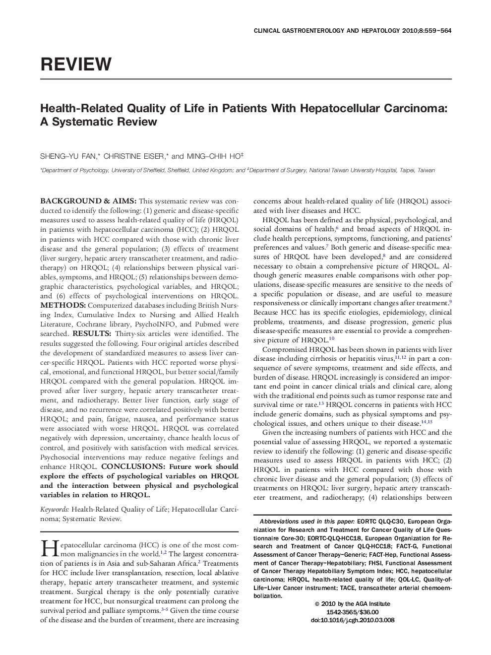 Health-Related Quality of Life in Patients With Hepatocellular Carcinoma: A Systematic Review