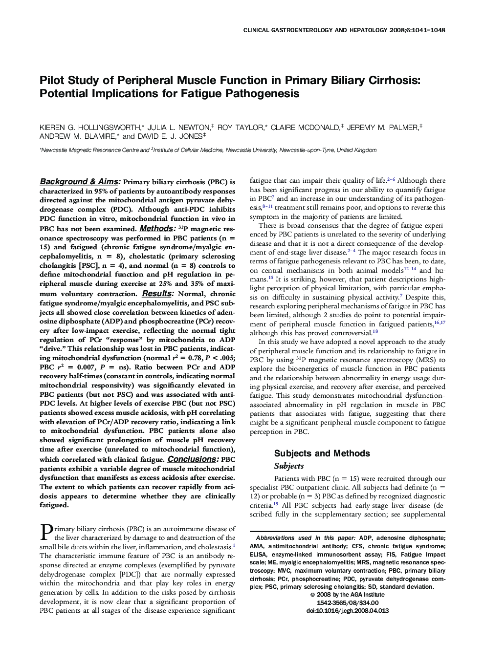 Pilot Study of Peripheral Muscle Function in Primary Biliary Cirrhosis: Potential Implications for Fatigue Pathogenesis 