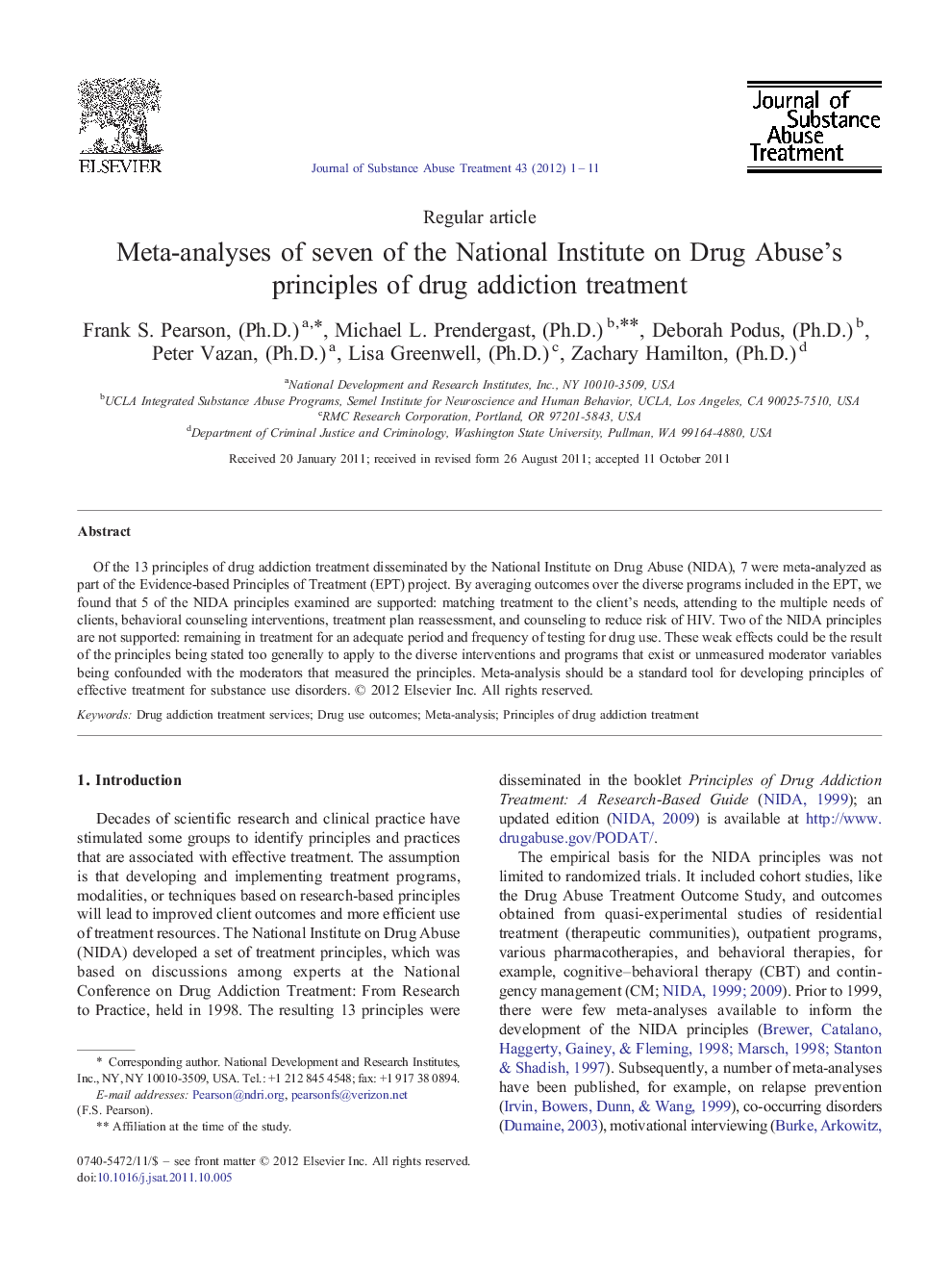 Meta-analyses of seven of the National Institute on Drug Abuse's principles of drug addiction treatment