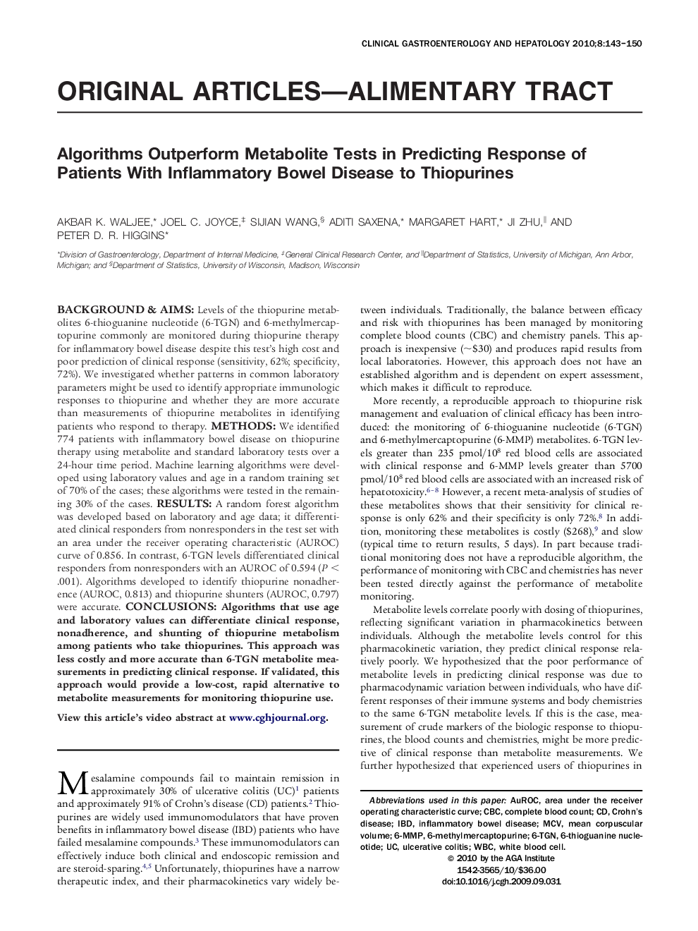 Algorithms Outperform Metabolite Tests in Predicting Response of Patients With Inflammatory Bowel Disease to Thiopurines