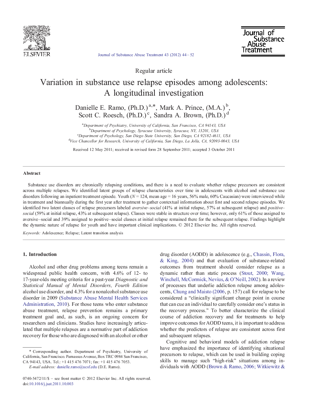 Variation in substance use relapse episodes among adolescents: A longitudinal investigation