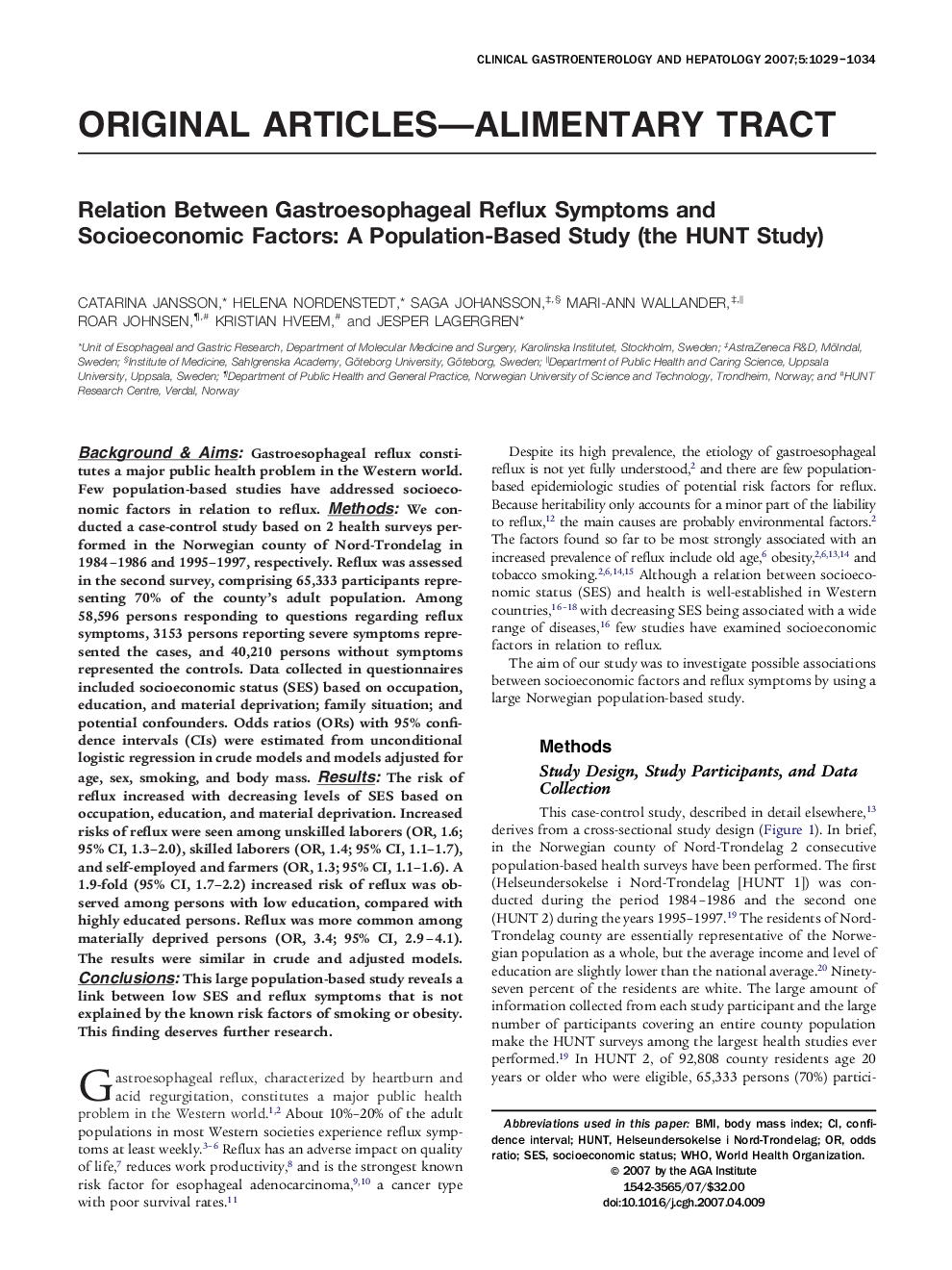 Relation Between Gastroesophageal Reflux Symptoms and Socioeconomic Factors: A Population-Based Study (the HUNT Study)