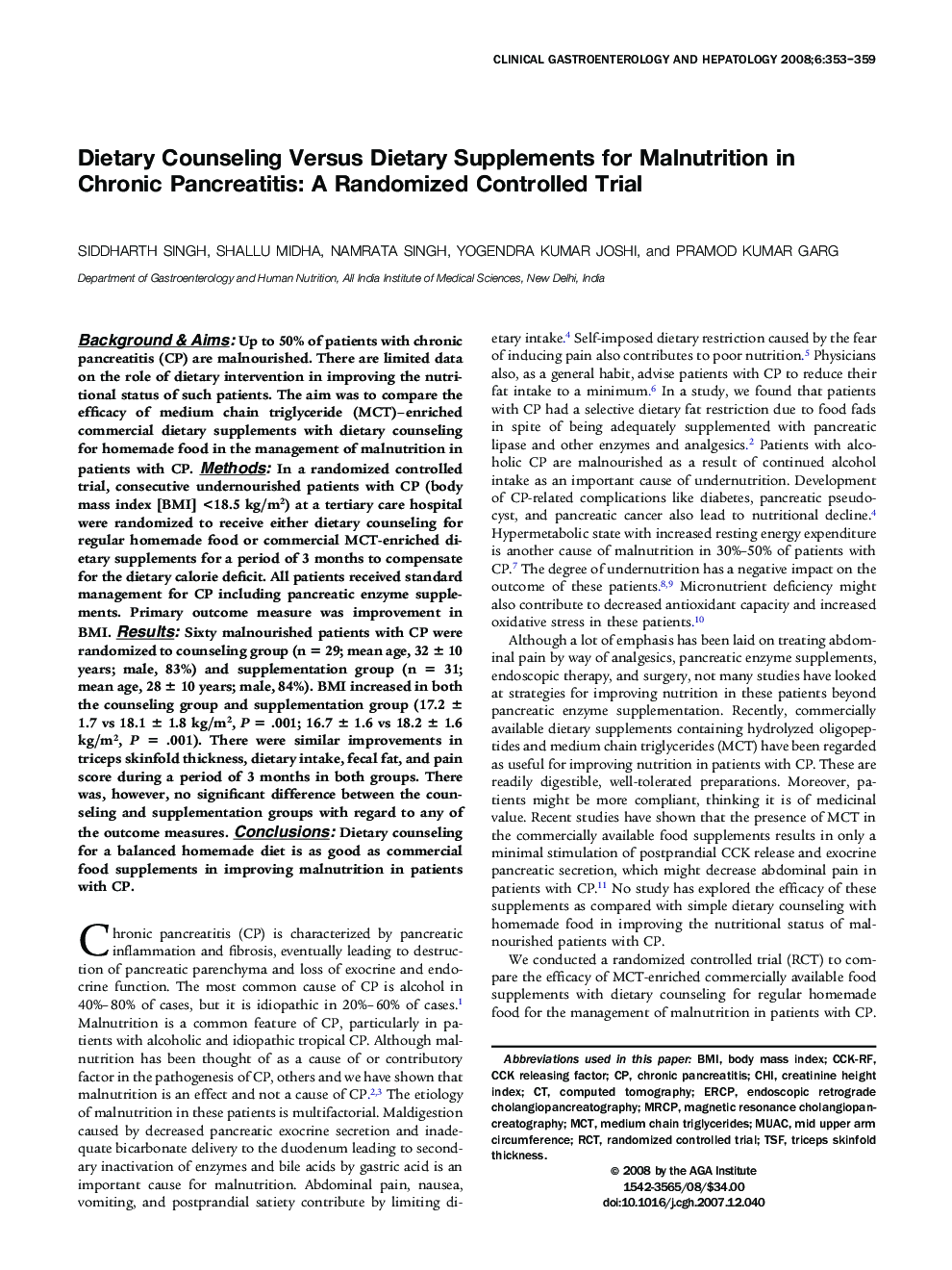 Dietary Counseling Versus Dietary Supplements for Malnutrition in Chronic Pancreatitis: A Randomized Controlled Trial