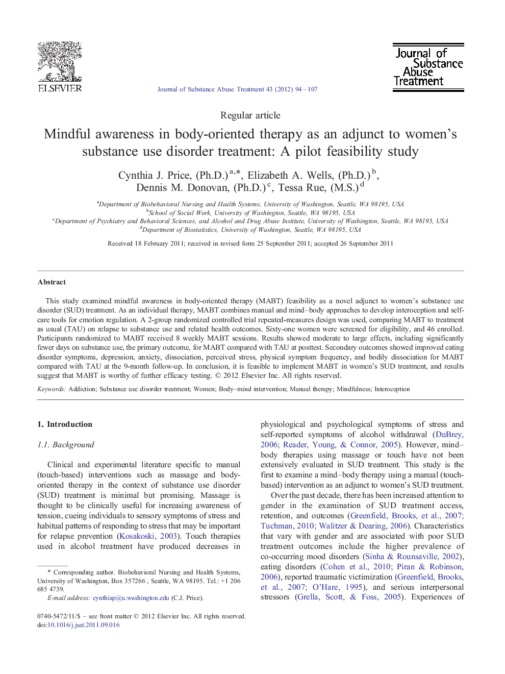 Mindful awareness in body-oriented therapy as an adjunct to women's substance use disorder treatment: A pilot feasibility study