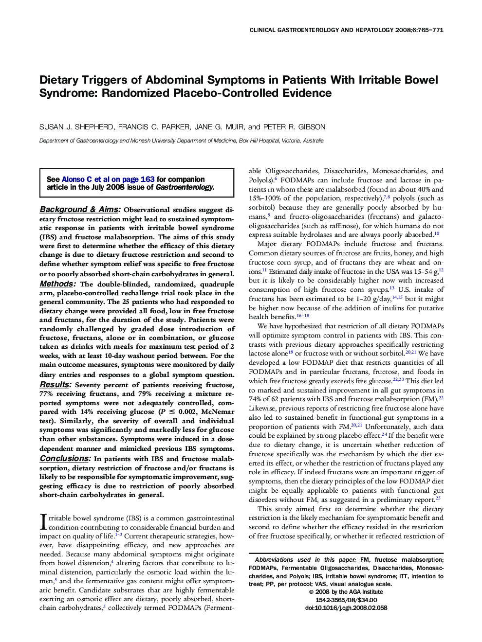 Dietary Triggers of Abdominal Symptoms in Patients With Irritable Bowel Syndrome: Randomized Placebo-Controlled Evidence 