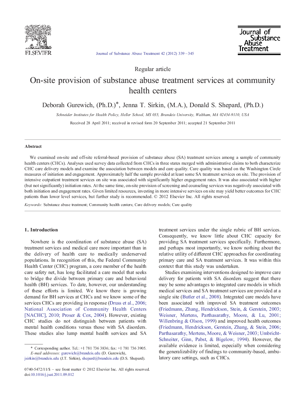 On-site provision of substance abuse treatment services at community health centers