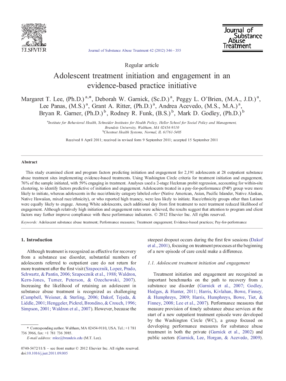 Adolescent treatment initiation and engagement in an evidence-based practice initiative