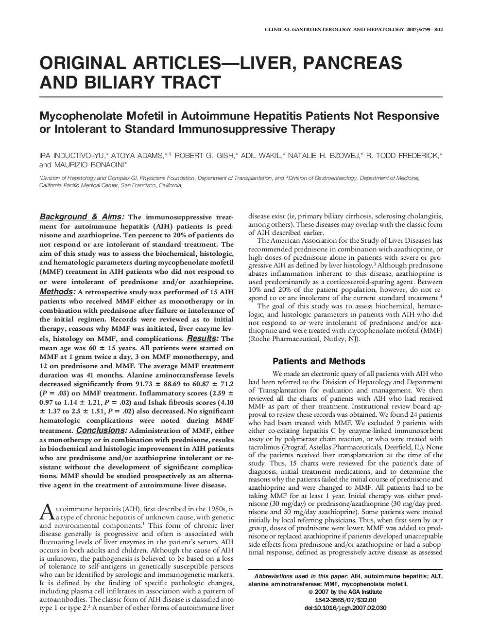 Mycophenolate Mofetil in Autoimmune Hepatitis Patients Not Responsive or Intolerant to Standard Immunosuppressive Therapy