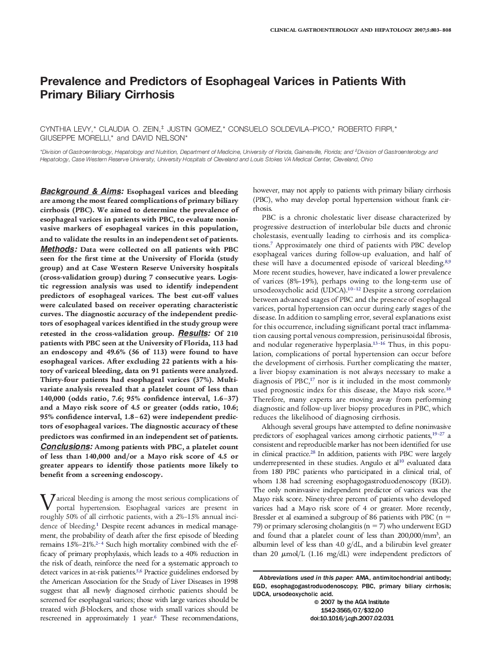 Prevalence and Predictors of Esophageal Varices in Patients With Primary Biliary Cirrhosis 