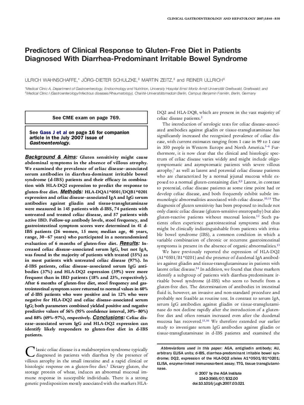 Predictors of Clinical Response to Gluten-Free Diet in Patients Diagnosed With Diarrhea-Predominant Irritable Bowel Syndrome