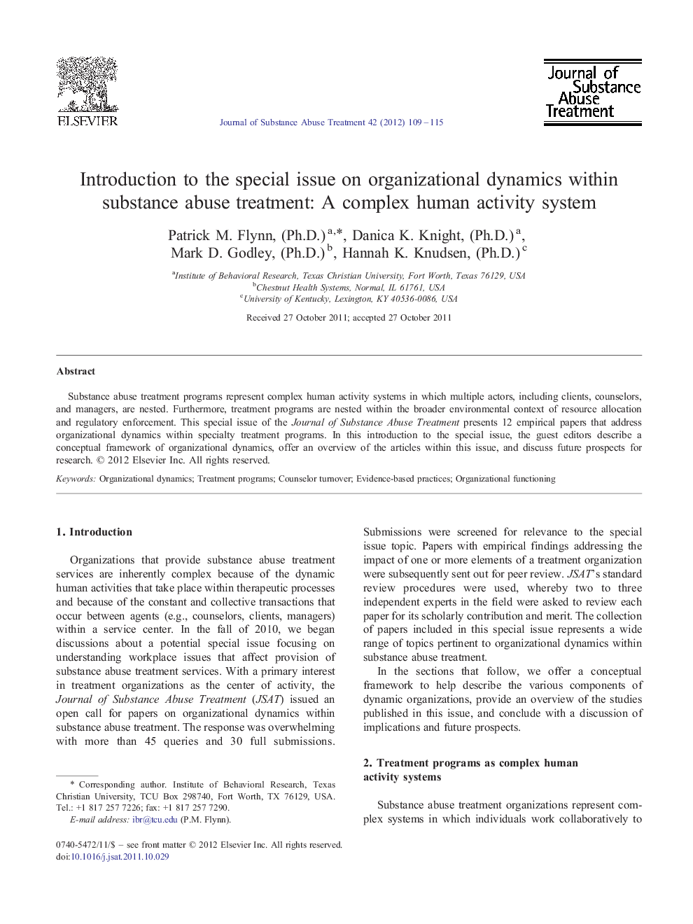 Introduction to the special issue on organizational dynamics within substance abuse treatment: A complex human activity system