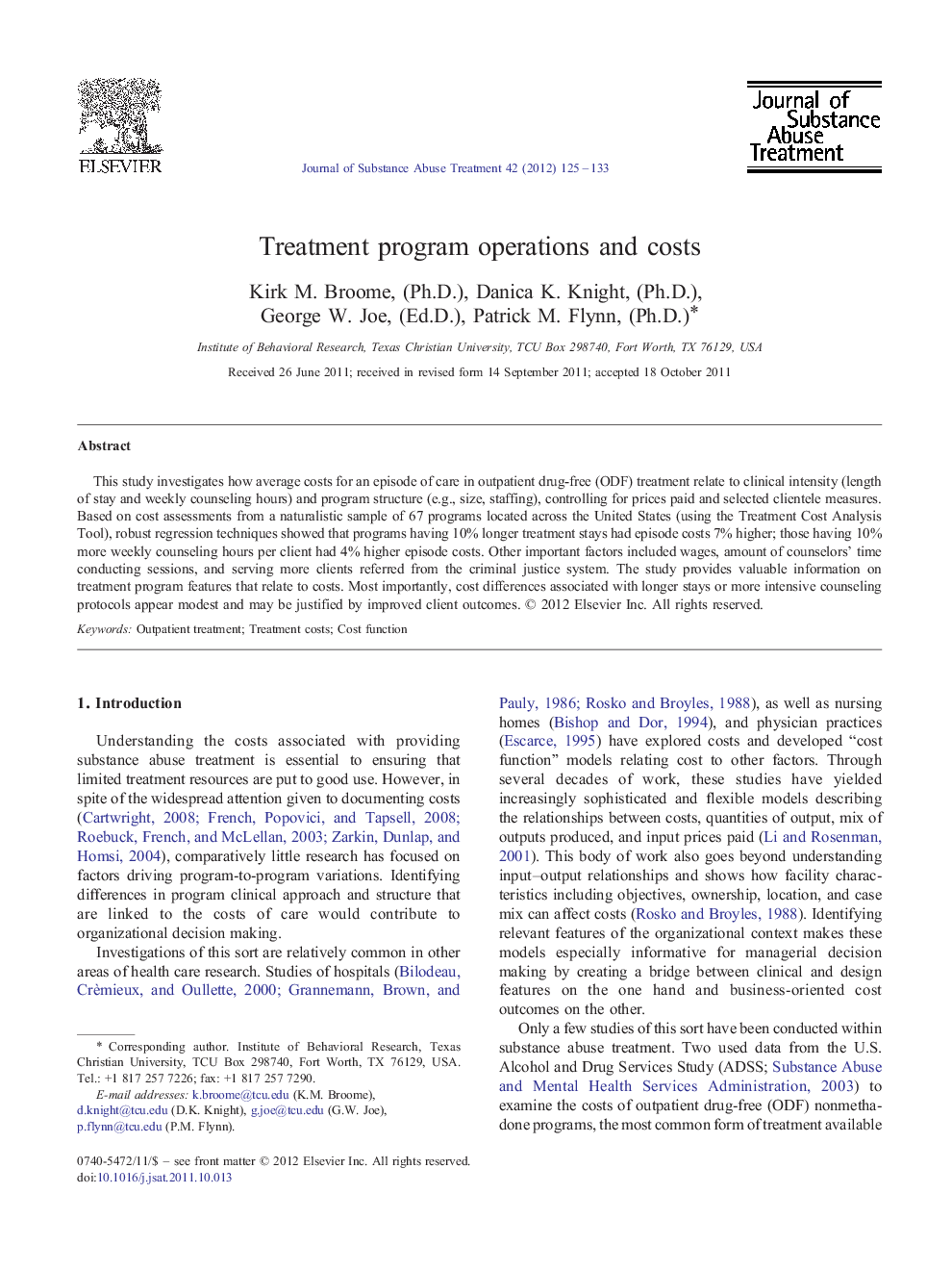 Treatment program operations and costs