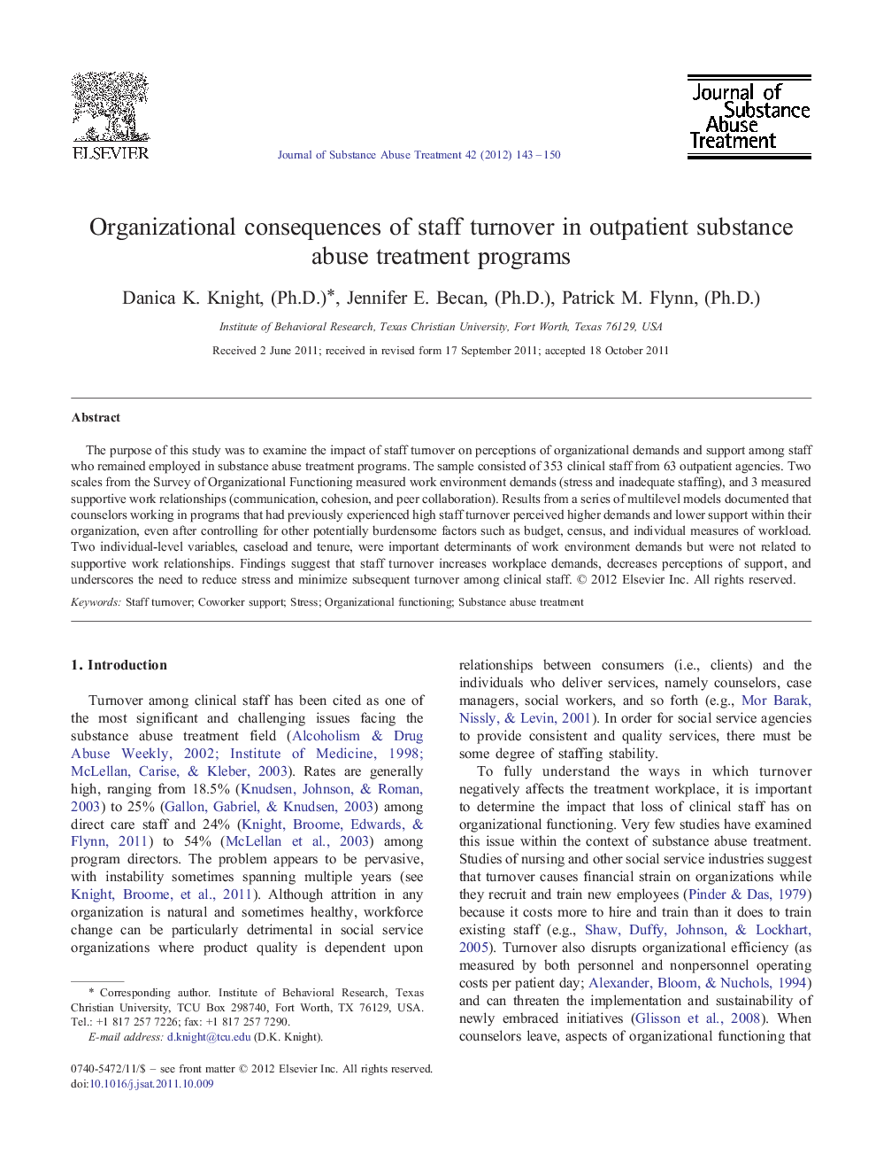 Organizational consequences of staff turnover in outpatient substance abuse treatment programs