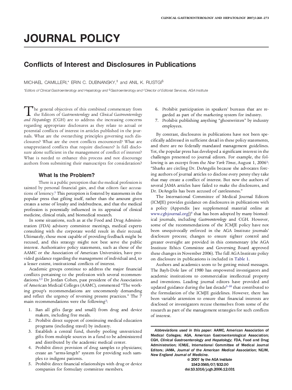 Conflicts of Interest and Disclosures in Publications