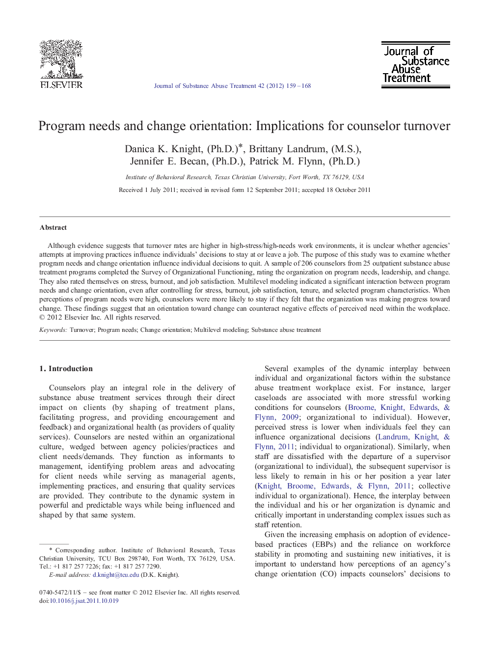 Program needs and change orientation: Implications for counselor turnover