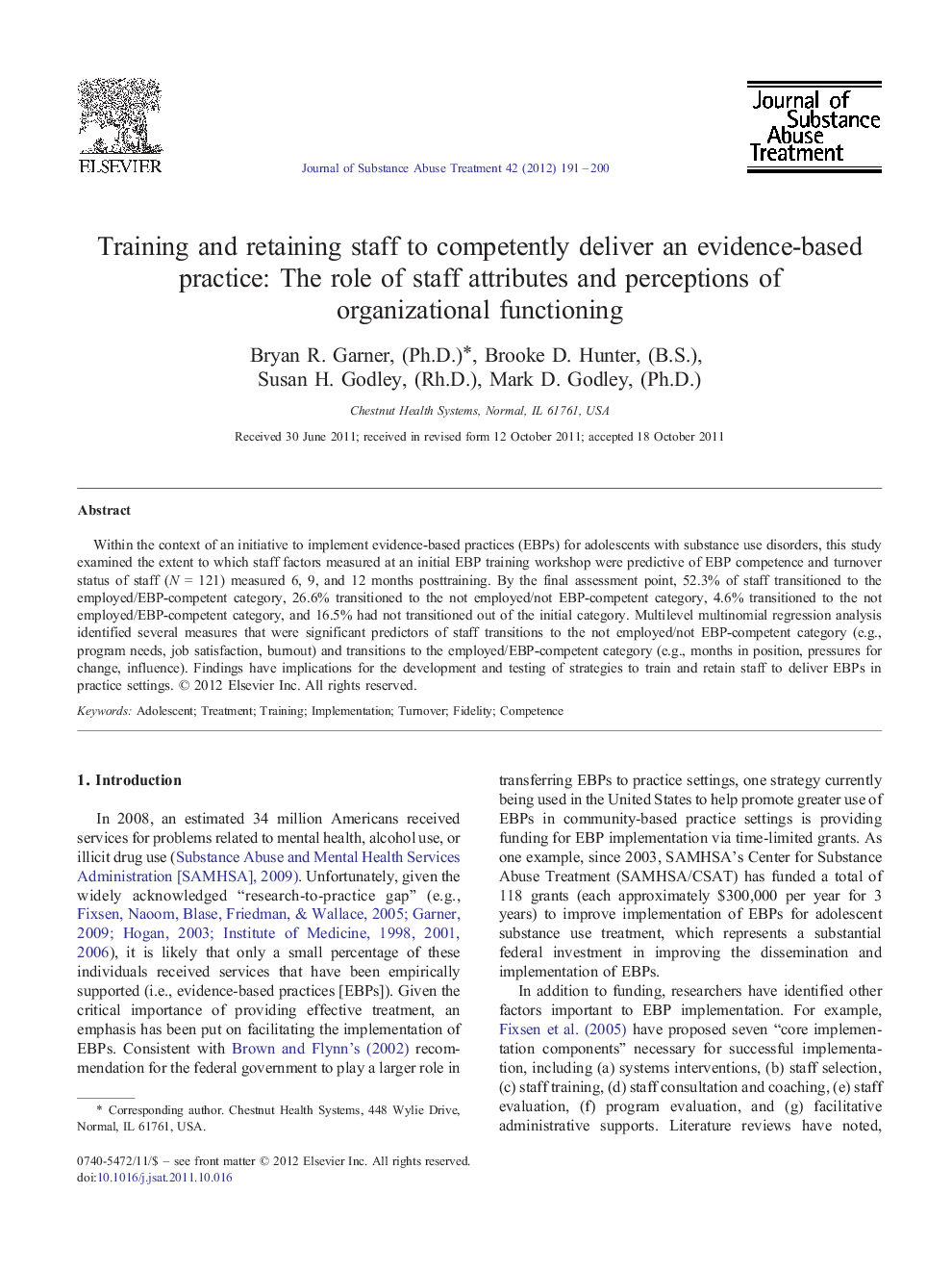 Training and retaining staff to competently deliver an evidence-based practice: The role of staff attributes and perceptions of organizational functioning