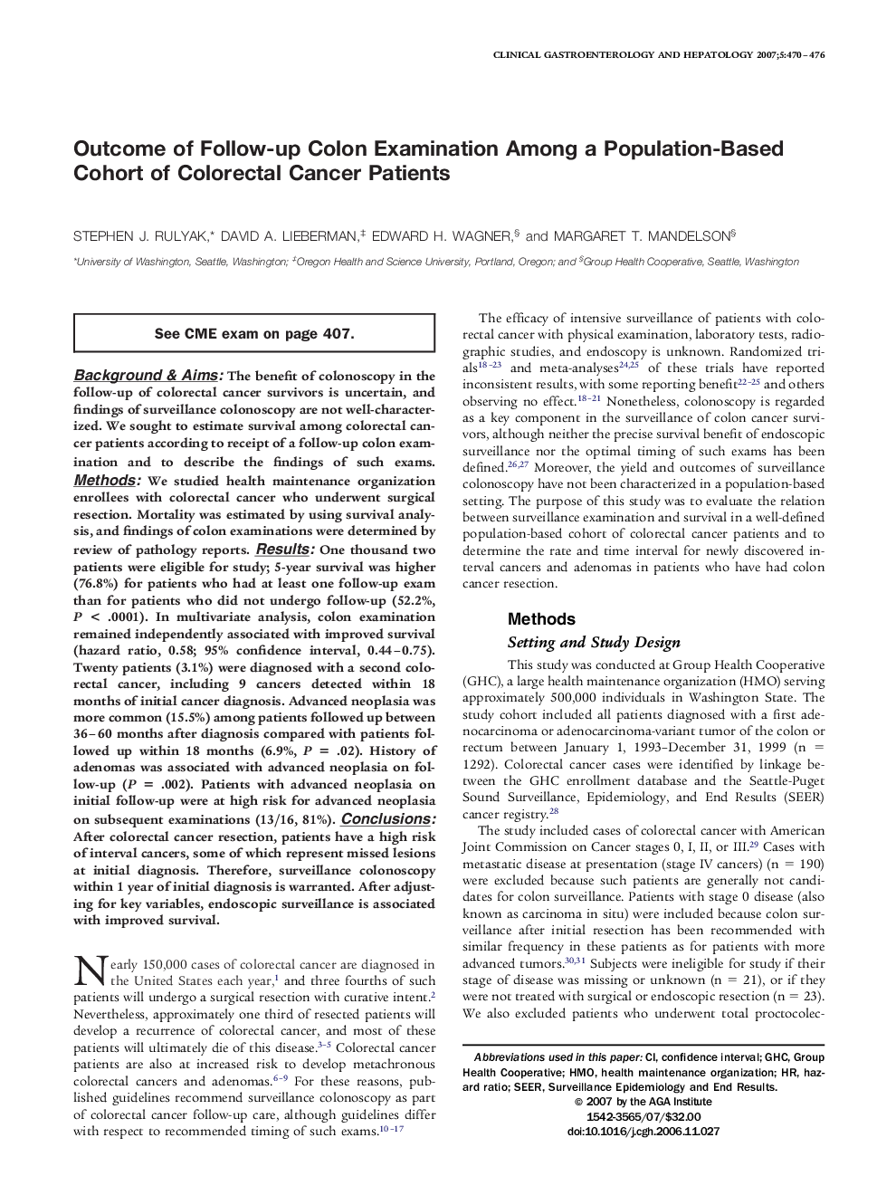 Outcome of Follow-up Colon Examination Among a Population-Based Cohort of Colorectal Cancer Patients