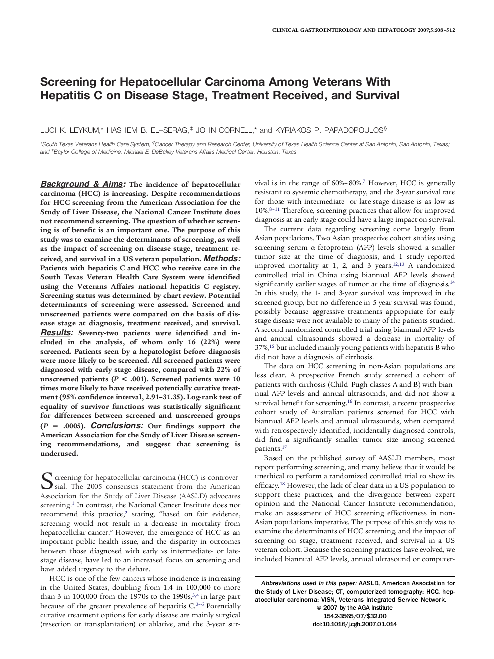 عکس صفحه اول مقاله: Screening for Hepatocellular Carcinoma Among Veterans With Hepatitis C on Disease Stage, Treatment Received, and Survival Screening for Hepatocellular Carcinoma Among Veterans With Hepatitis C on Disease Stage, Treatment Received, and Survival