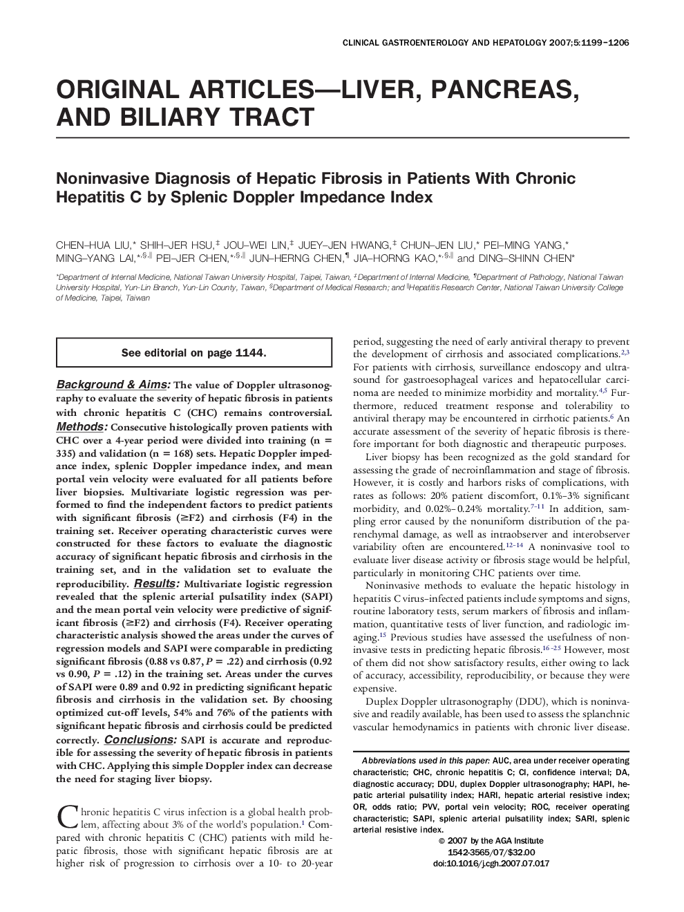 Noninvasive Diagnosis of Hepatic Fibrosis in Patients With Chronic Hepatitis C by Splenic Doppler Impedance Index