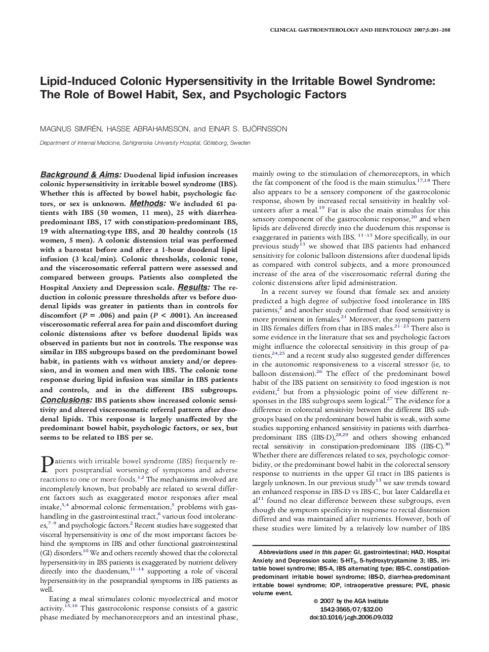 Lipid-Induced Colonic Hypersensitivity in the Irritable Bowel Syndrome: The Role of Bowel Habit, Sex, and Psychologic Factors 