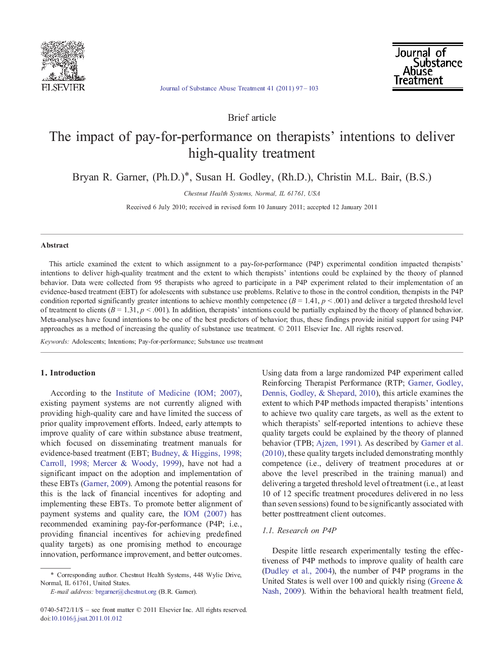 The impact of pay-for-performance on therapists' intentions to deliver high-quality treatment